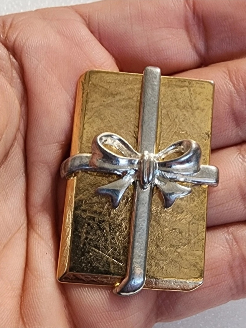 Gold & Silver Tone Wrapped Christmas Gift Brooch Bow Present Pin